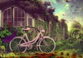Illustration of a Vintage Bicycle Among Blooming Flowers in an Overgrown Garden