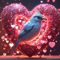 Delightful image of a bird nestled within a large, sparkling heart adorned with floating hearts.