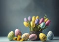 Colorful easter eggs and bunches of yellow and pink tulips, light blue background with copyspace generative AI