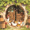 Charming Winery Entrance with Gathering Chickens Royalty Free Stock Photo