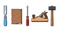Carpentry tools arranged on a white background ready for the craftsman. Royalty Free Stock Photo
