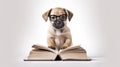 dog wearing glasses and reading book on white background