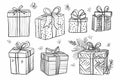 a collection of hand drawn illustrations of presents.