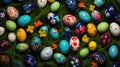 Pastel Meadow Wonderland: Lively Easter Eggs Adorning a Beautiful Landscape. Generative AI