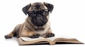 pug dog wearing glasses and reading book on white background Royalty Free Stock Photo