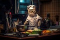 A cat wearing a chef\'s hat and apron, humorously posed in a miniature kitchen. Royalty Free Stock Photo