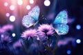 Delightful Image Of Wild Light Blue Flowers In Field With Two Fluttering Butterflies, Captured In Cl