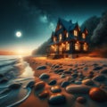 A delightful imaginary rock garden on the shore of the night sea.