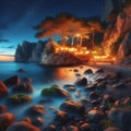 A delightful imaginary rock garden on the shore of the night sea.