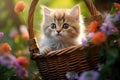 A delightful kitten finds solace in a lush garden, comfortably nestled in a charming basket, Tiny adorable cat in a basket on the