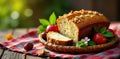 A delightful loaf of nut-topped quick bread, artfully presented with a side of sliced loaf and fresh fruit in a rustic woven Royalty Free Stock Photo