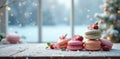 Delightful macarons adorned with blossoms and berries resting on a snowy winter table. Generative AI Royalty Free Stock Photo