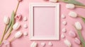 Mother\'s Day Gift Photo Frame Mockup Flat Lay Composition with Pink Tulips, Hearts, and Sprinkles on Pastel Pink Background