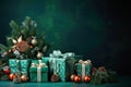 A delightful New Year and Christmas setting with a festive tree and an abundance of gifts against a deep green backdrop Royalty Free Stock Photo