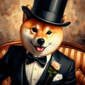 Shiba inu wearing tuxedo suits and black top hat in oil painting art style on dark abstract background