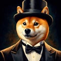 Shiba inu wearing tuxedo suits and black top hat in oil painting art style on dark abstract background