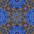 Delightful ornament of octagonal and square tiles with flowers and mandalas in blue and brown tones. Carpet, shawl in ethnic style