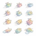 Fun Flying Delivery Box Cartoon Stickers A Whimsical Vector Pattern for Shipping and Logistics Designs Royalty Free Stock Photo
