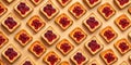 A delightful pattern of square toast topped with red fruit spread arranged on a light orange background. Generative AI Royalty Free Stock Photo