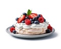 Delightful pavlova with strawberry, raspberry and blueberry and cream on a white background made by Generative AI