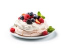 Delightful pavlova with strawberry, raspberry and blueberry on a white background made by Generative AI