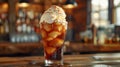 A delightful photo of a root beer float, with a scoop of vanilla ice cream floating in a glass of bubbly root beer Royalty Free Stock Photo