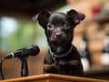 Puppy giving speech at mini podium