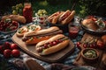 delightful picnic with hot dogs, buns and variety of toppings on blanket