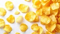 A delightful pile of crispy golden potato chips on pristine white surface crispy Royalty Free Stock Photo