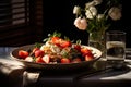 A plate of red berries and white cheese