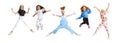 Collage of five cheerful, happy girls, children jumping isolated over white background Royalty Free Stock Photo