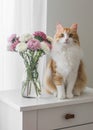 A delightful portrait of a red-haired domestic cat and a bouquet of asters on a white chest of drawers