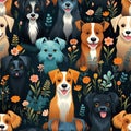 Delightful repeating pattern colorful of various cute adorable dogs breed with fields of flowers