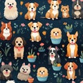 Delightful repeating pattern colorful of various cute adorable dogs breed with fields of flowers