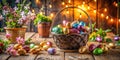 Delightful Rustic Metallic Easter Egg Hunt Basket Display on a Charming Farmhouse Table for a Spring Celebration Royalty Free Stock Photo