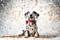 A delightful scene capturing the joyous spirit of New Year\'s Eve with a happy Dalmatian dog.