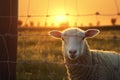 Delightful scene, charming lamb, field, fence, and Islamic sunset