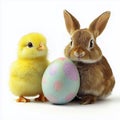 Adorable easter bunny and chick with decorated easter egg isolated on  white  background Royalty Free Stock Photo