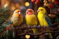 A delightful scene featuring singing pets, like parrots, budgies, and canaries, perched on festive branches, creating a harmonious