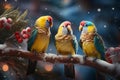 A delightful scene featuring singing pets, like parrots, budgies, and canaries, perched on festive branches, creating a harmonious