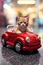 cute yellow kitten ride and playing red toy car in mall with beautiful bokeh