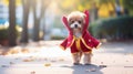 A small dog wearing a red and yellow Christmas costume