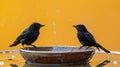 Two blackbirds enjoying a playful moment around a garden birdbath Royalty Free Stock Photo