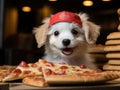 Puppy with pizza hat delivering mini pizza