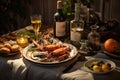Delightful Seafood Spread on a Beautifully Set Table in Restaurant or Home Setting Royalty Free Stock Photo