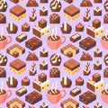 A delightful seamless pattern of assorted chocolates and a steaming cup of hot chocolate Royalty Free Stock Photo