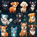 Delightful seamless pattern colorful of various cute adorable dogs breed with fields of flowers