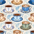 Seamless pattern of vintage teacups and saucers with intricate floral designs Royalty Free Stock Photo