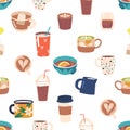 Delightful Seamless Pattern Featuring Colorful Cups Brimming With Various Beverages, From Steaming Coffee Royalty Free Stock Photo