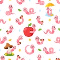 Delightful Seamless Pattern Featuring Cute Adorable Cartoon Worms With Apples, Mushrooms, Autumn Leaves Royalty Free Stock Photo